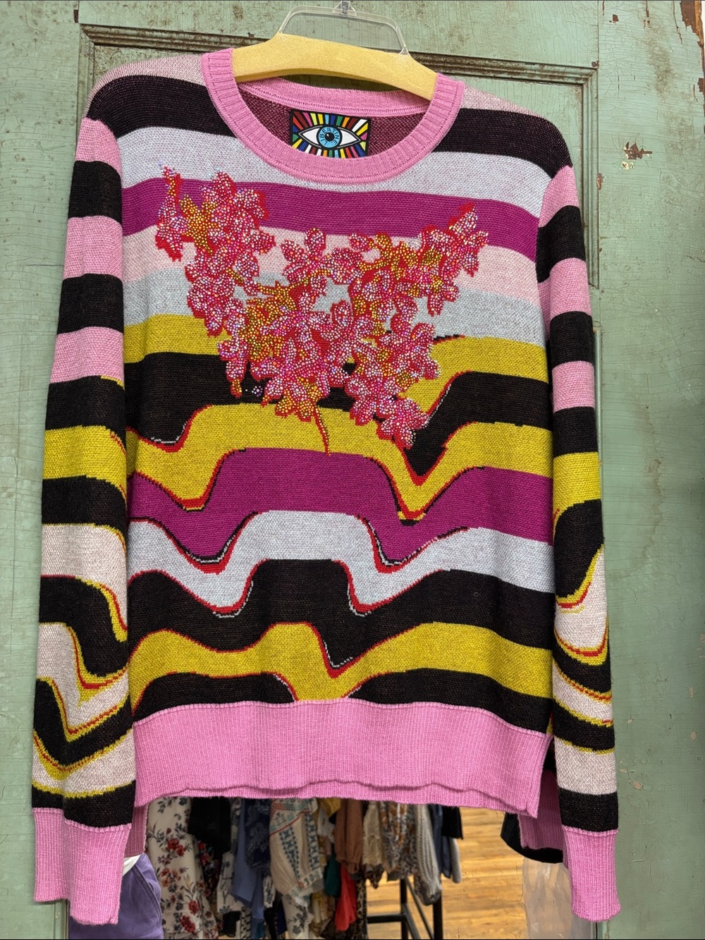 Libertine Beaded Floral Striped Knit Sweater cashmere silk size L